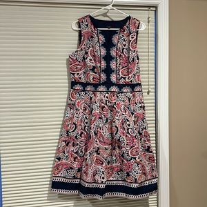 Talbots women’s Petites sleeveless dress, size 12P, pink, navy blue, paisley